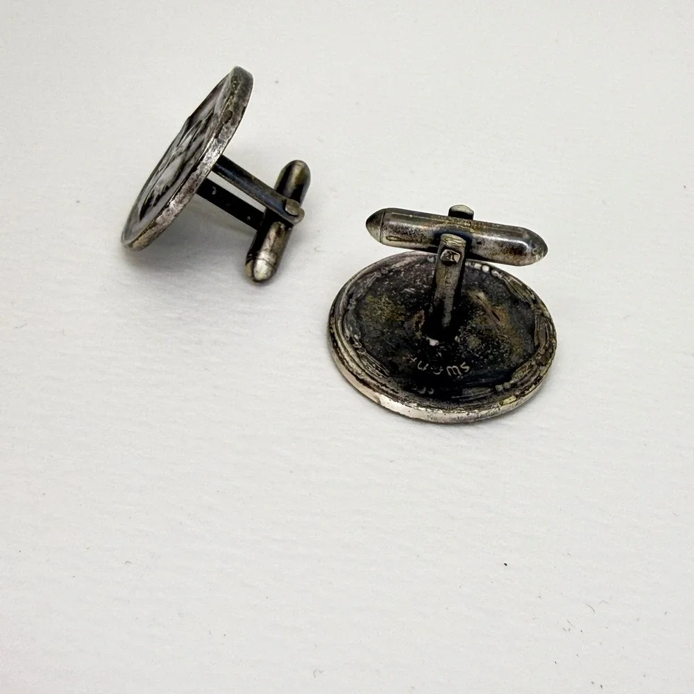 Swank Vintage Mercury God Roman Mythology Silver Tone Round Cufflinks Patina